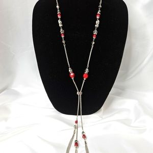 Vintage 80s Jules Long Necklace Lariet Style Red Beads & Smokey Quartz Crystals